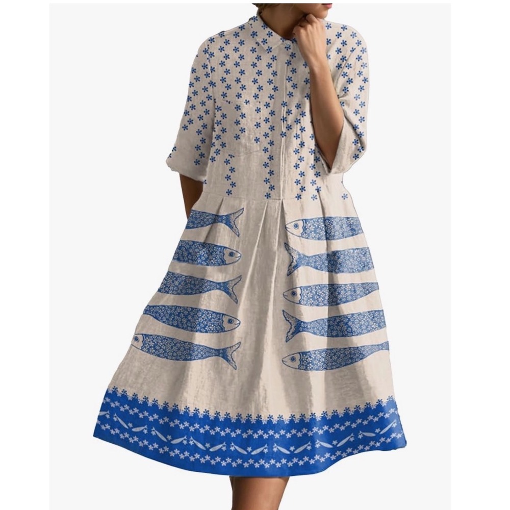 Blue White Collared Fish Block Print Dress Medium